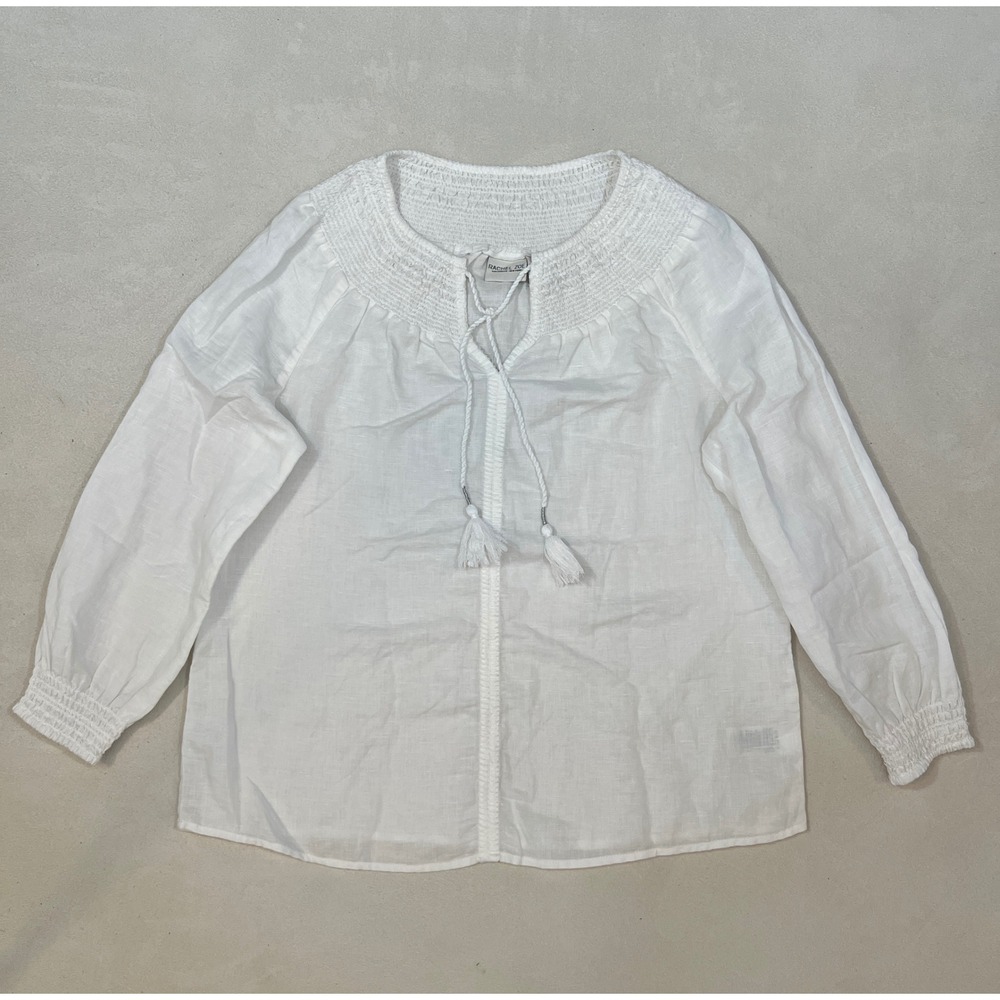 Rachel Zoe Womens White Linen Cotton Smocked Tassel Peasant Blouse Small